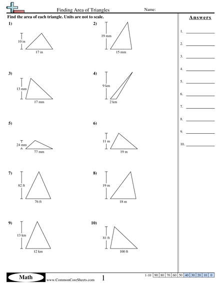 Area & Perimeter Worksheets - Area of Triangles (base and height) worksheet